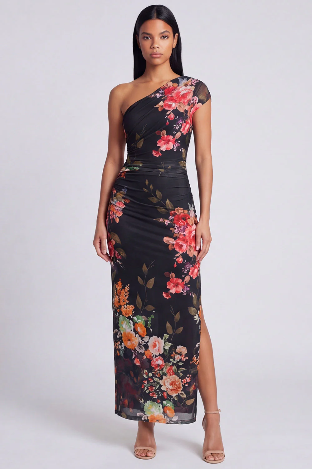 Ivory One Shoulder Sheath Maxi Floral Dress with Slit - Image 6