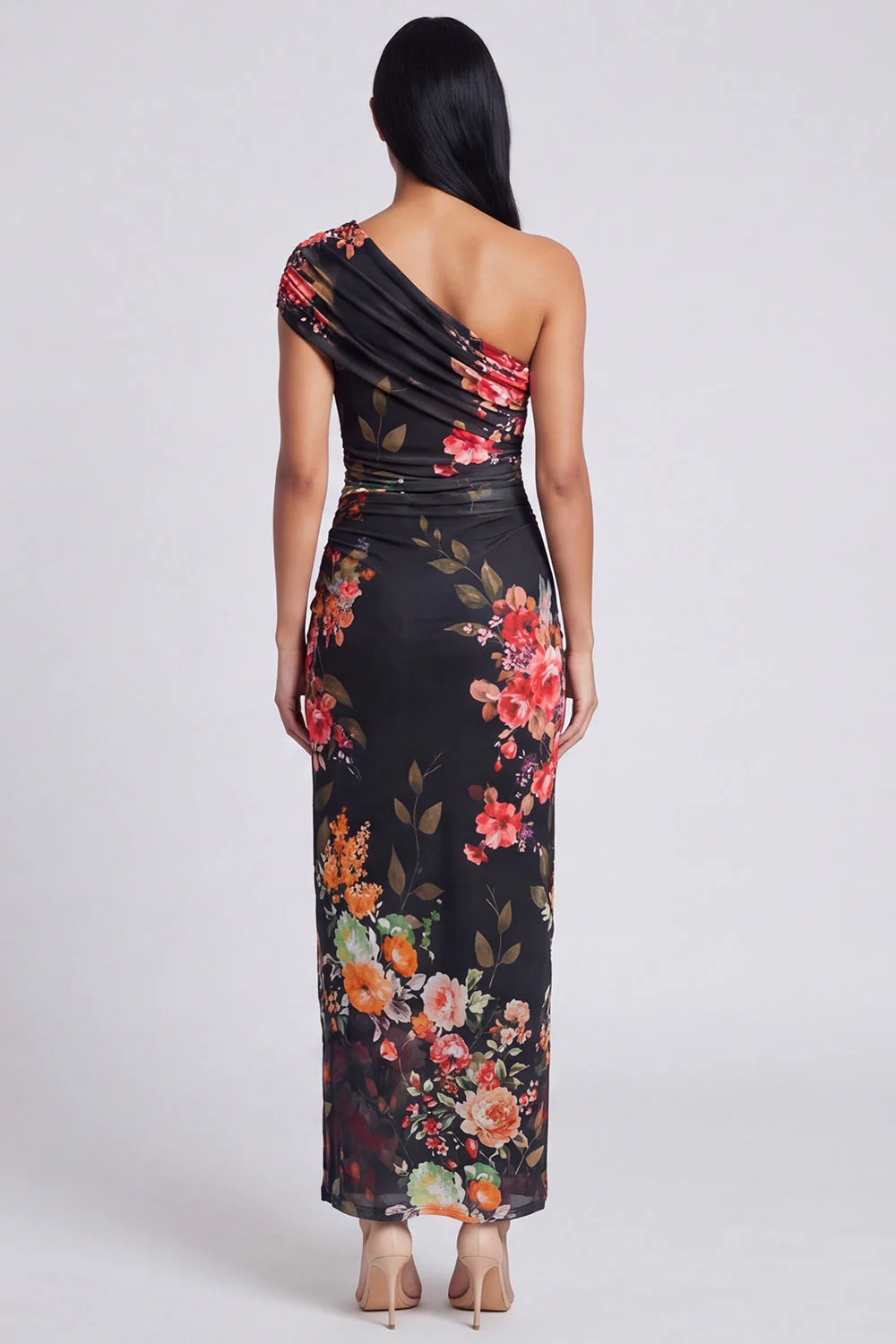 Ivory One Shoulder Sheath Maxi Floral Dress with Slit - Image 7