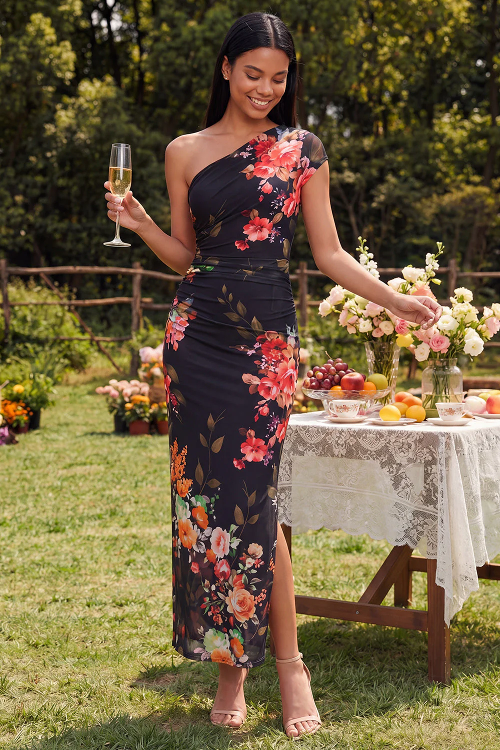 Ivory One Shoulder Sheath Maxi Floral Dress with Slit - Image 8