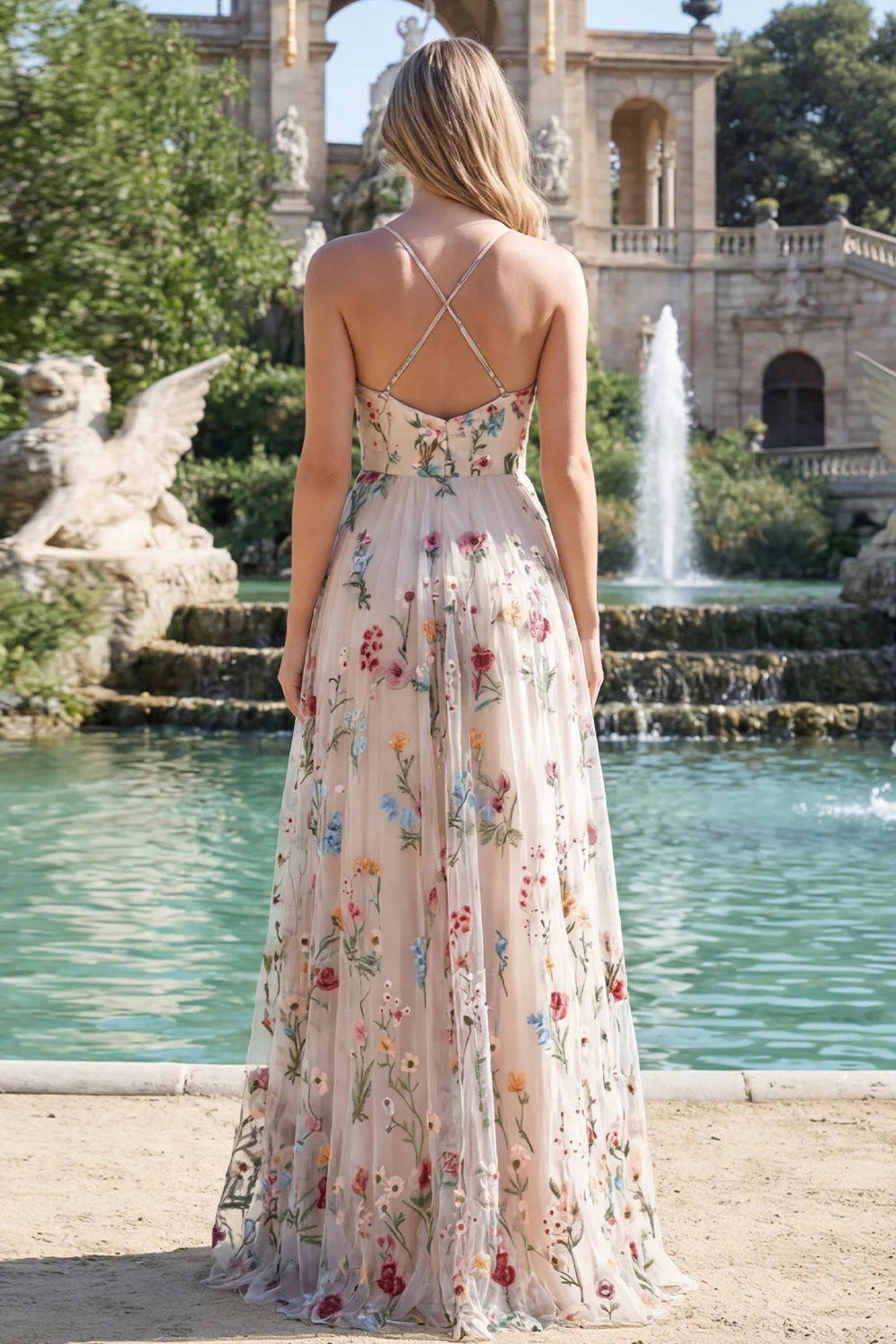 Ivory Flower A Line Embroidered Spaghetti Straps Long Prom Dress with Slit - Image 2