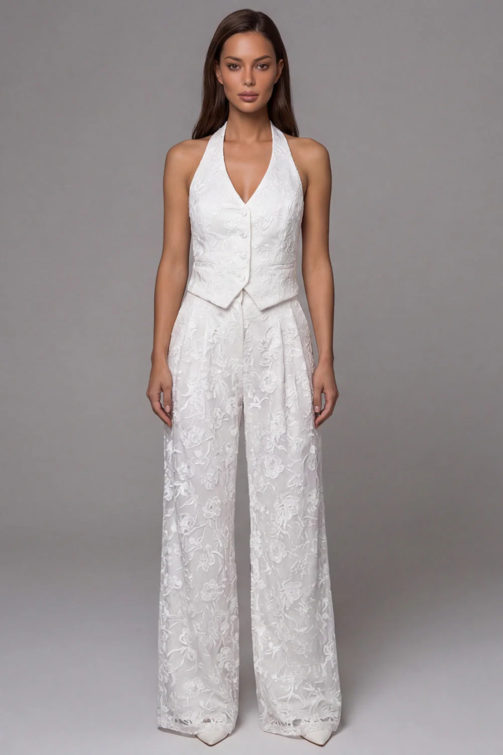 Ivory Halter Embroidered 2 Piece Business Suits