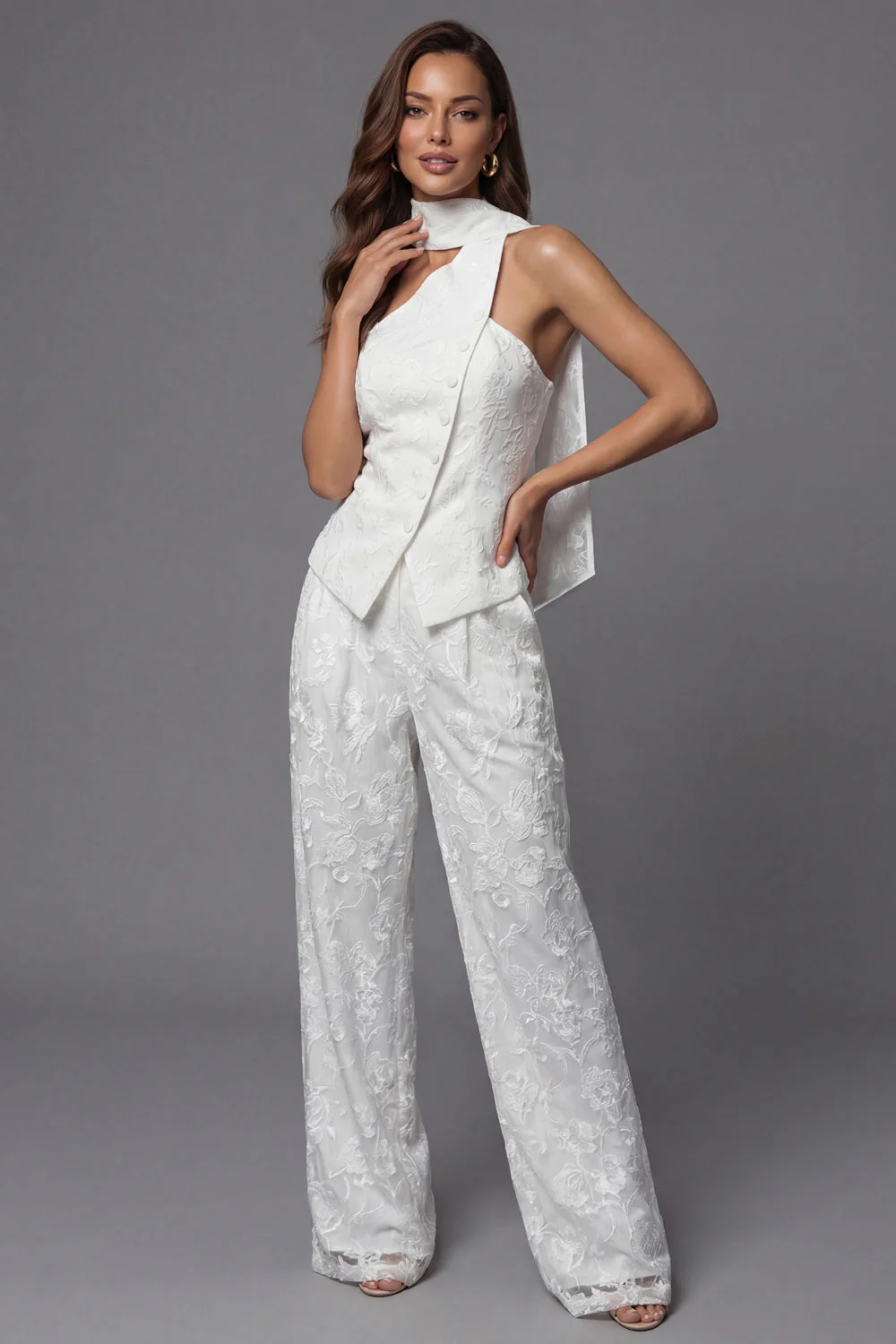 Ivory Lace Embroidered 2 Piece Work Suits with Sash
