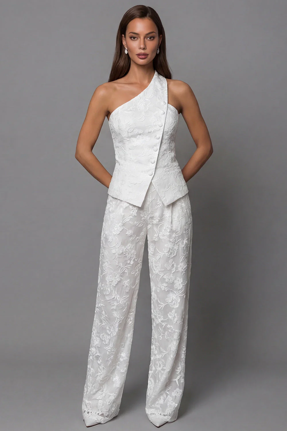 Ivory Lace Embroidered 2 Piece Work Suits with Sash - Image 3