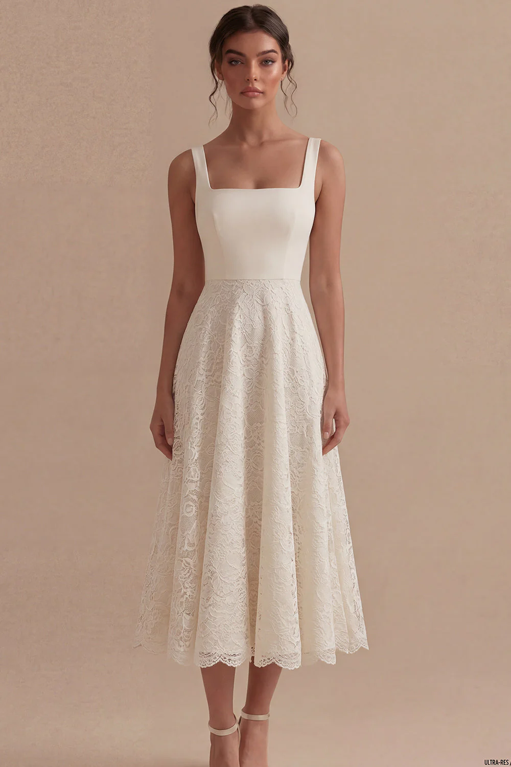 Ivory Lace Square Neck A Line Midi Engagement Dress