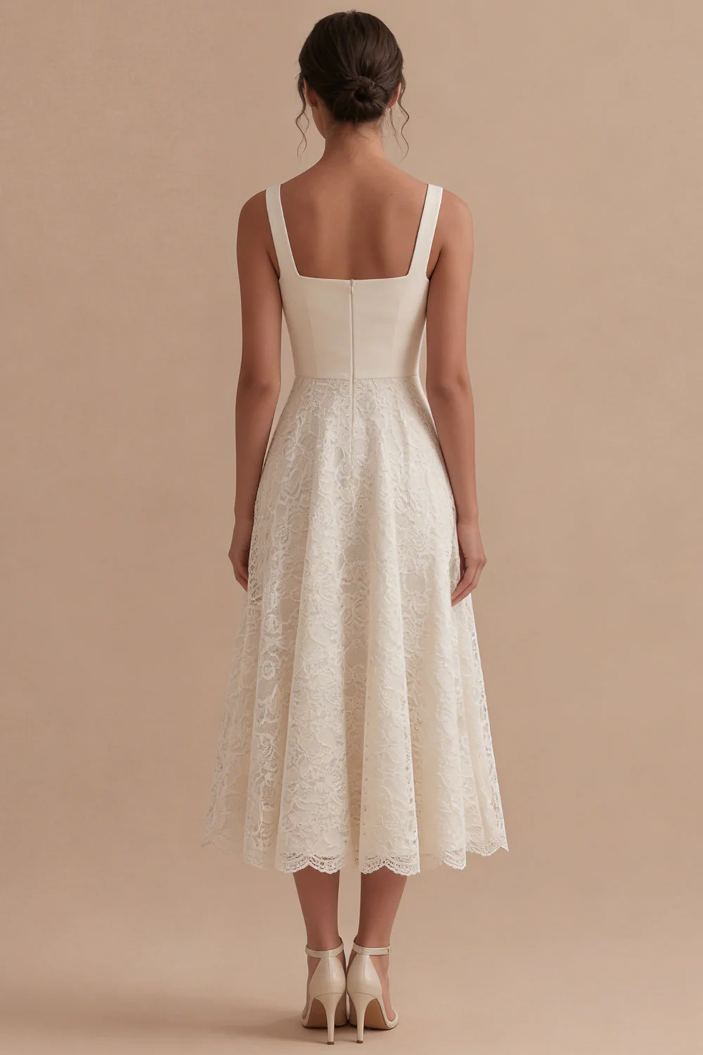 Ivory Lace Square Neck A Line Midi Engagement Dress - Image 2