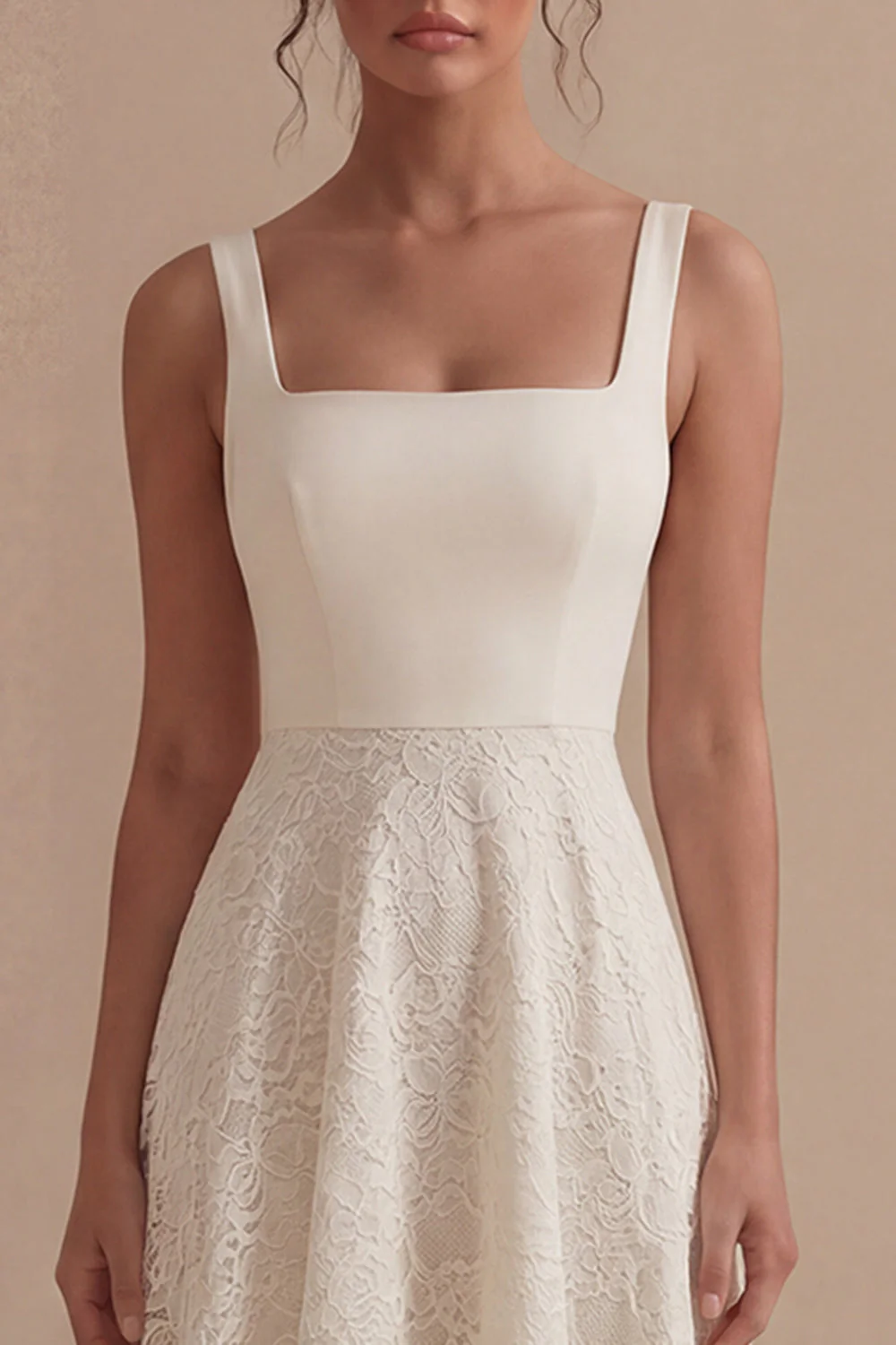 Ivory Lace Square Neck A Line Midi Engagement Dress - Image 3