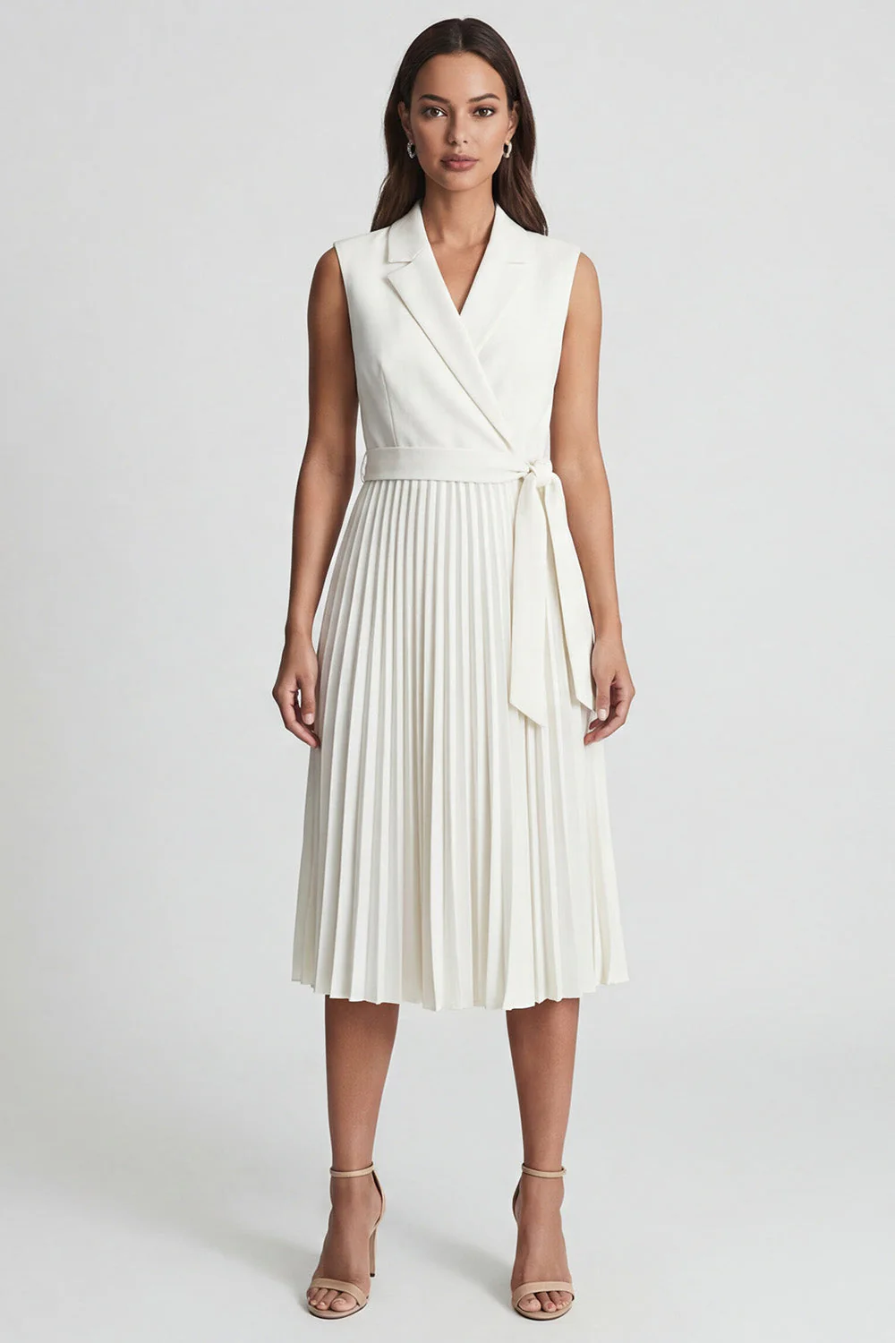 Ivory Notched Lapel Pleated A Line Midi Work Dress with Belt