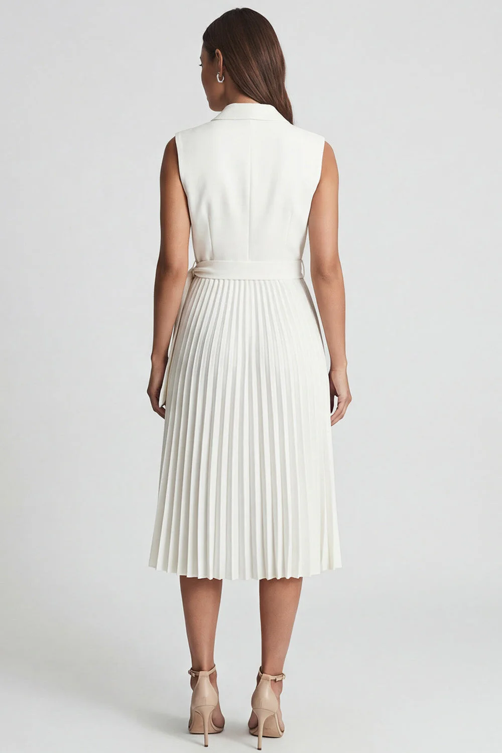 Ivory Notched Lapel Pleated A Line Midi Work Dress with Belt - Image 2