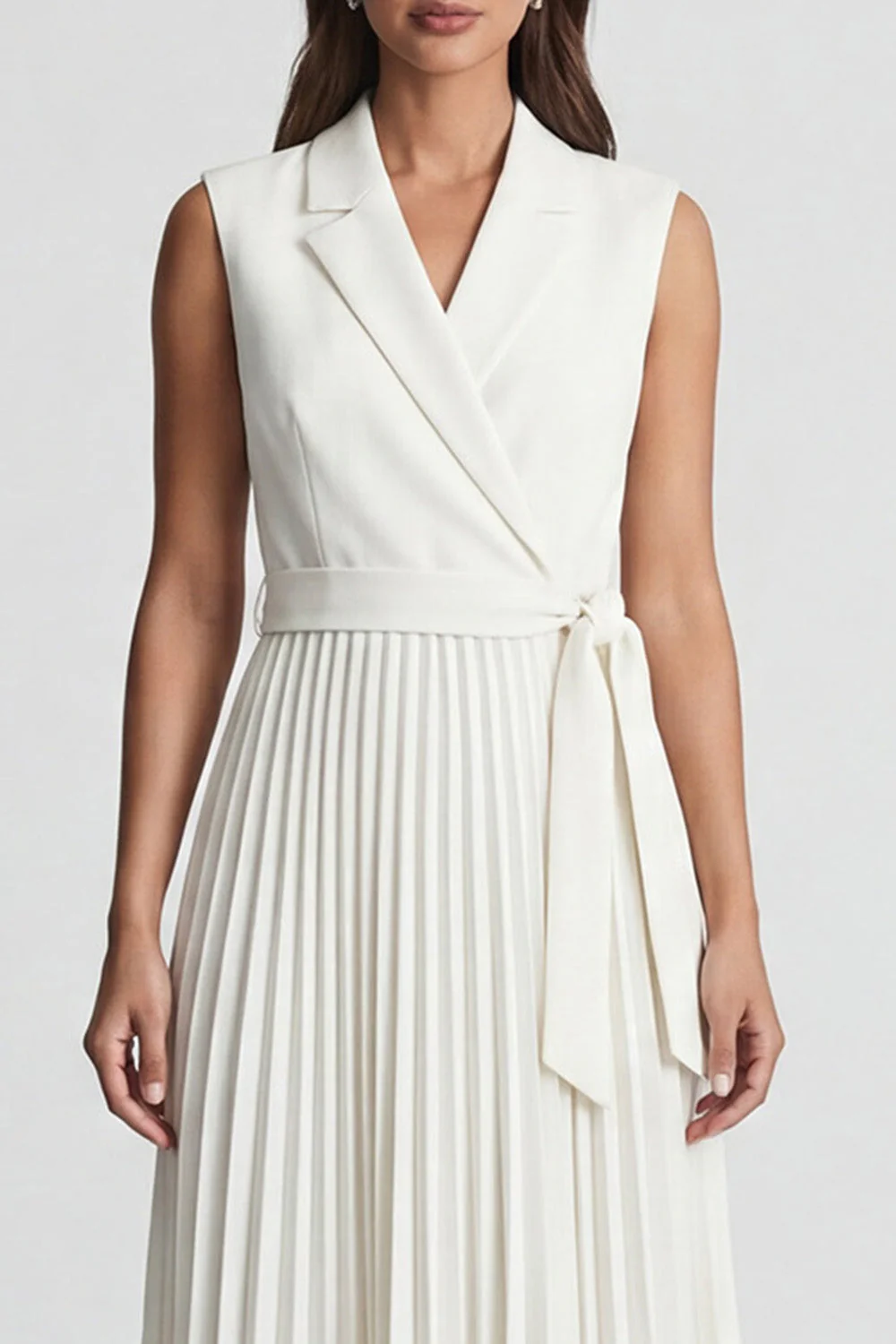 Ivory Notched Lapel Pleated A Line Midi Work Dress with Belt - Image 3