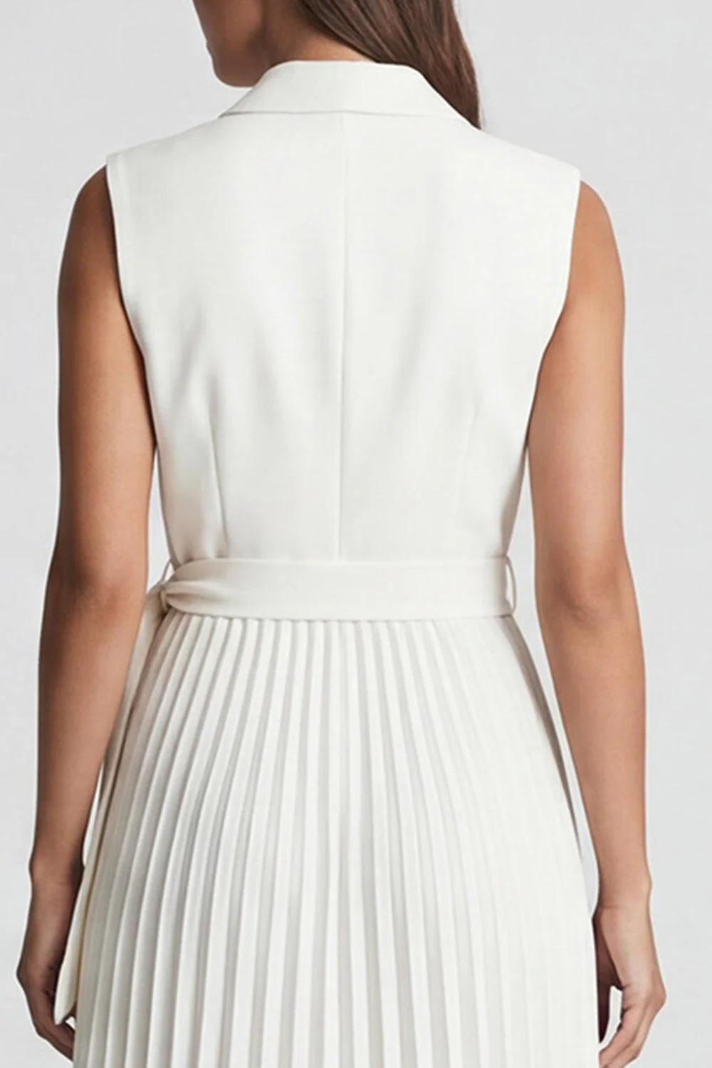 Ivory Notched Lapel Pleated A Line Midi Work Dress with Belt - Image 4
