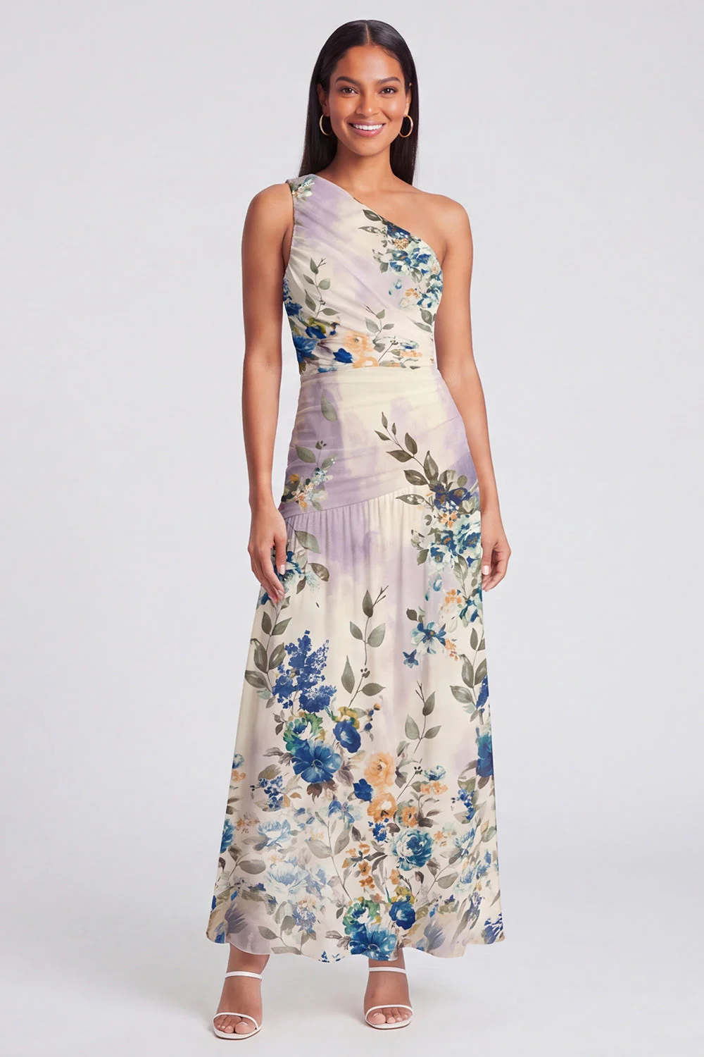 One Shoulder Ivory A Line Printed Maxi Floral Dress