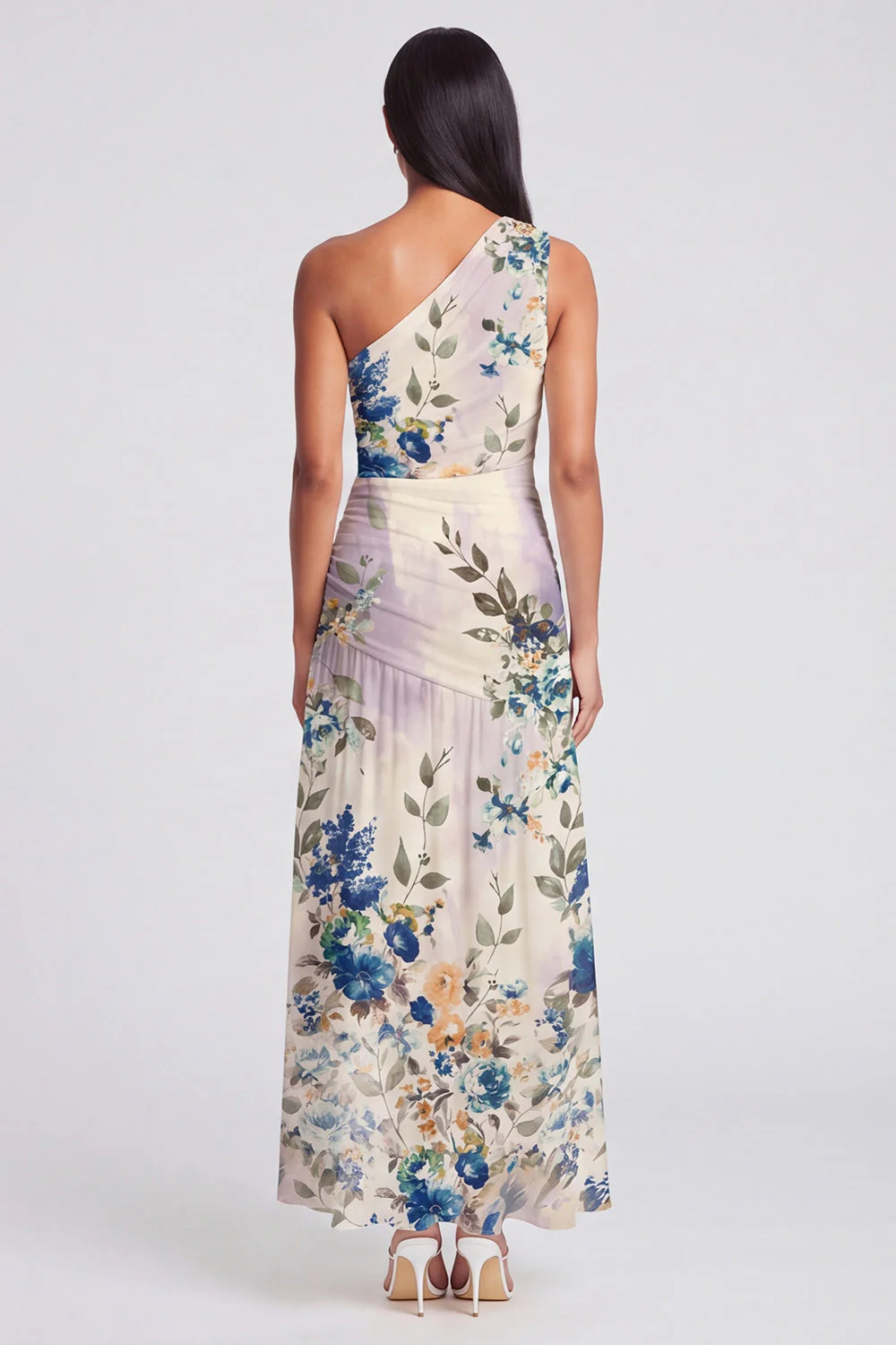 One Shoulder Ivory A Line Printed Maxi Floral Dress - Image 2