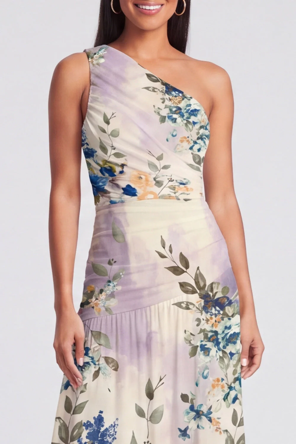 One Shoulder Ivory A Line Printed Maxi Floral Dress - Image 4