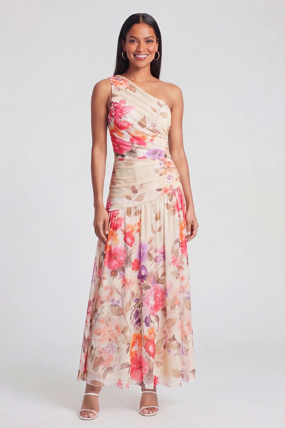 One Shoulder Ivory A Line Printed Maxi Floral Dress - Image 6