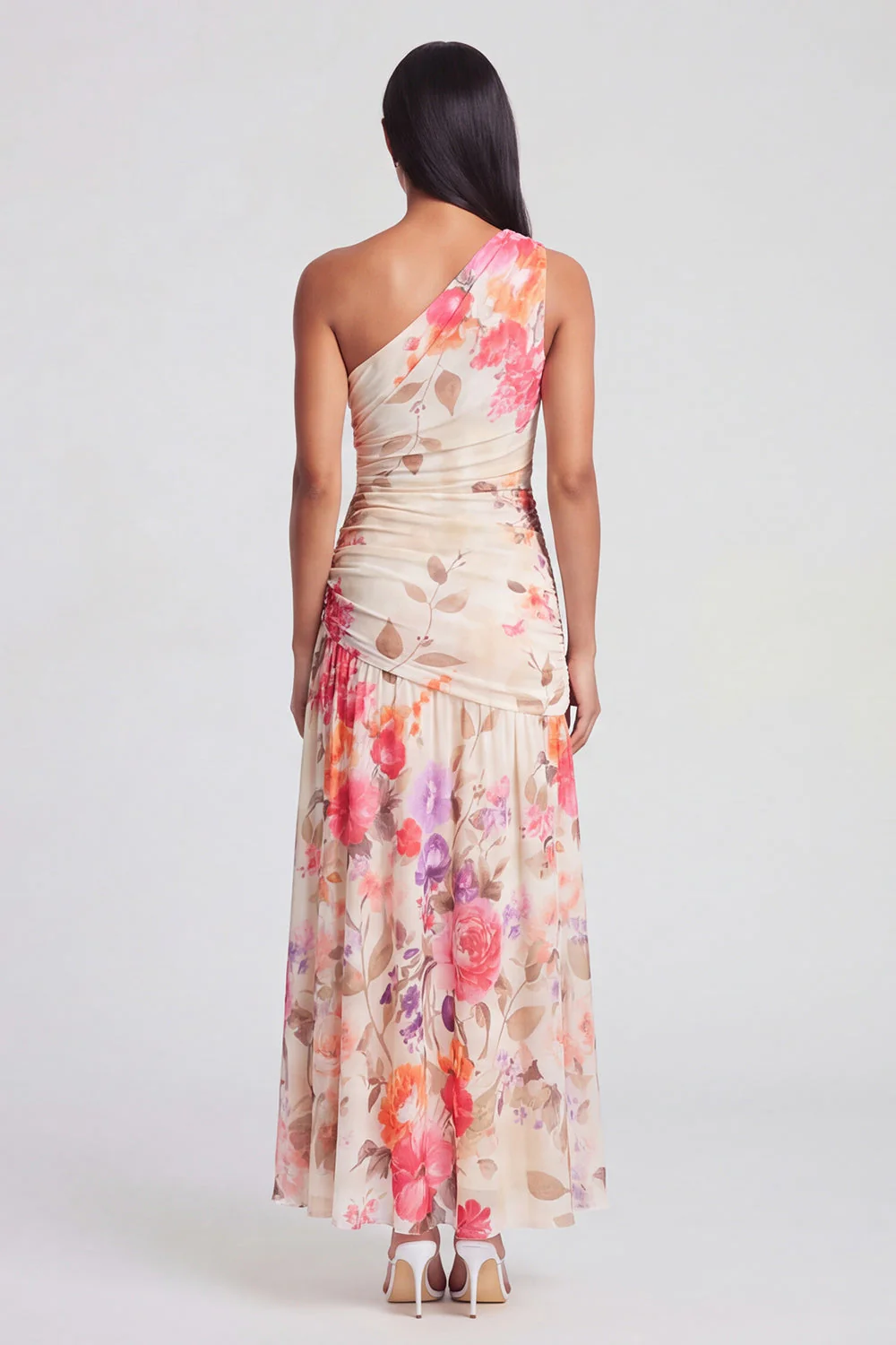 One Shoulder Ivory A Line Printed Maxi Floral Dress - Image 7