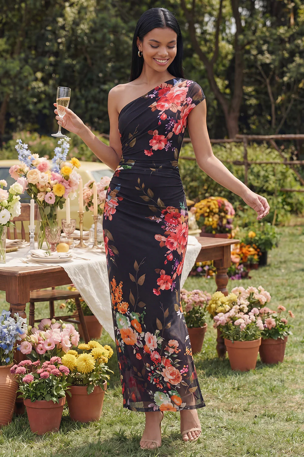 One Shoulder Ivory A Line Printed Maxi Floral Dress - Image 8