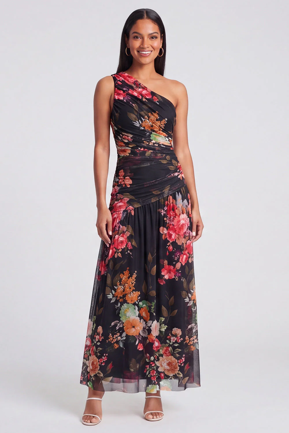 One Shoulder Ivory A Line Printed Maxi Floral Dress - Image 9
