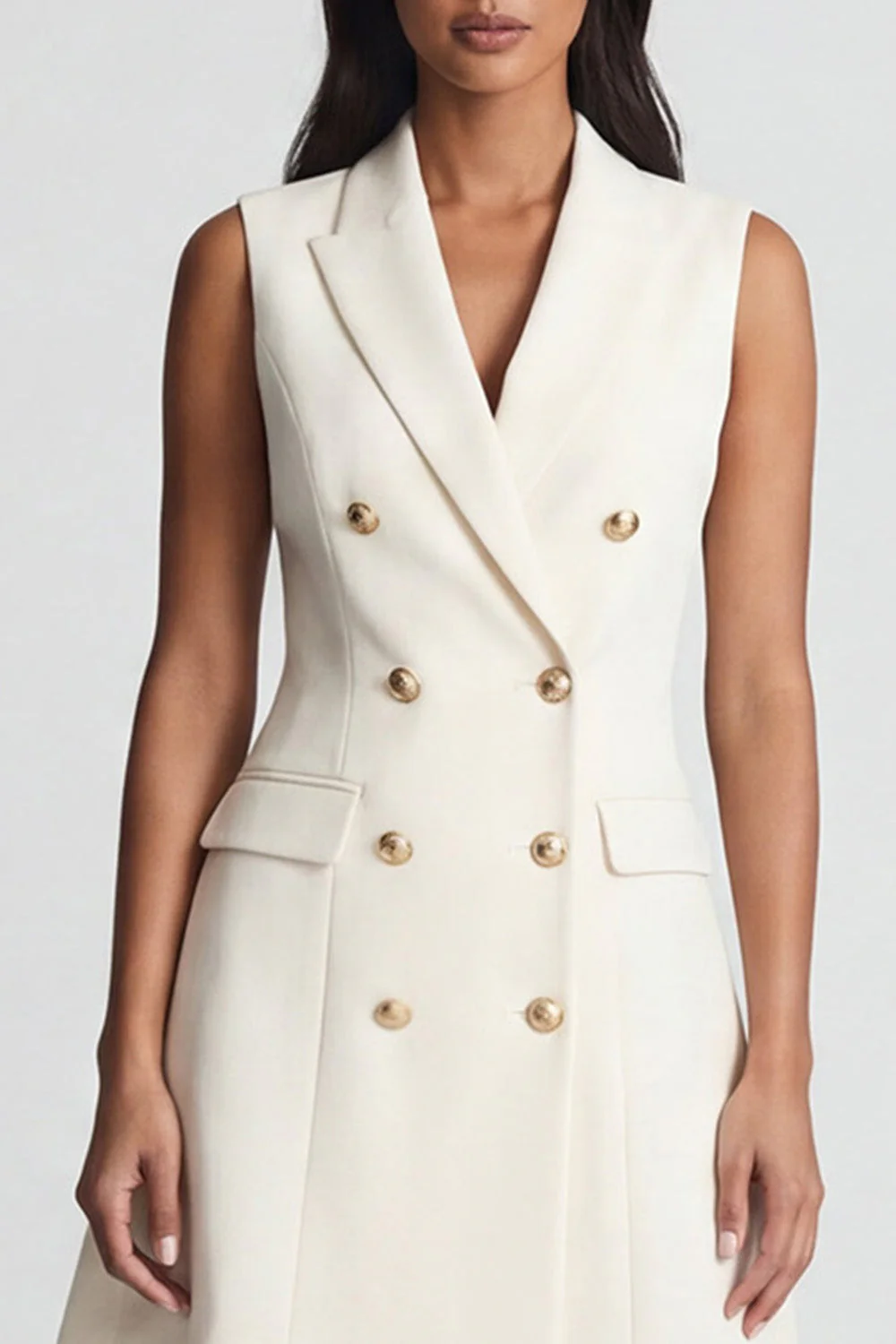 Ivory Peaked Lapel Double-breasted A Line Short Work Dress - Image 3