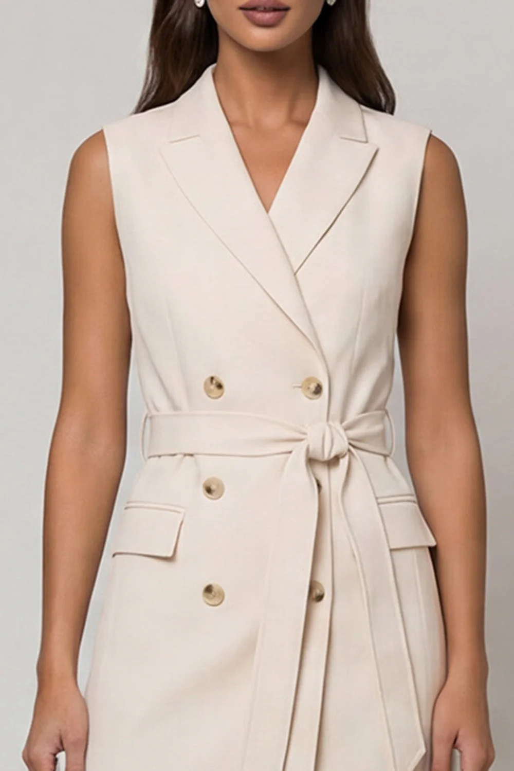 Ivory Peaked Lapel Double-breasted Short Work Dress with Belt - Image 3