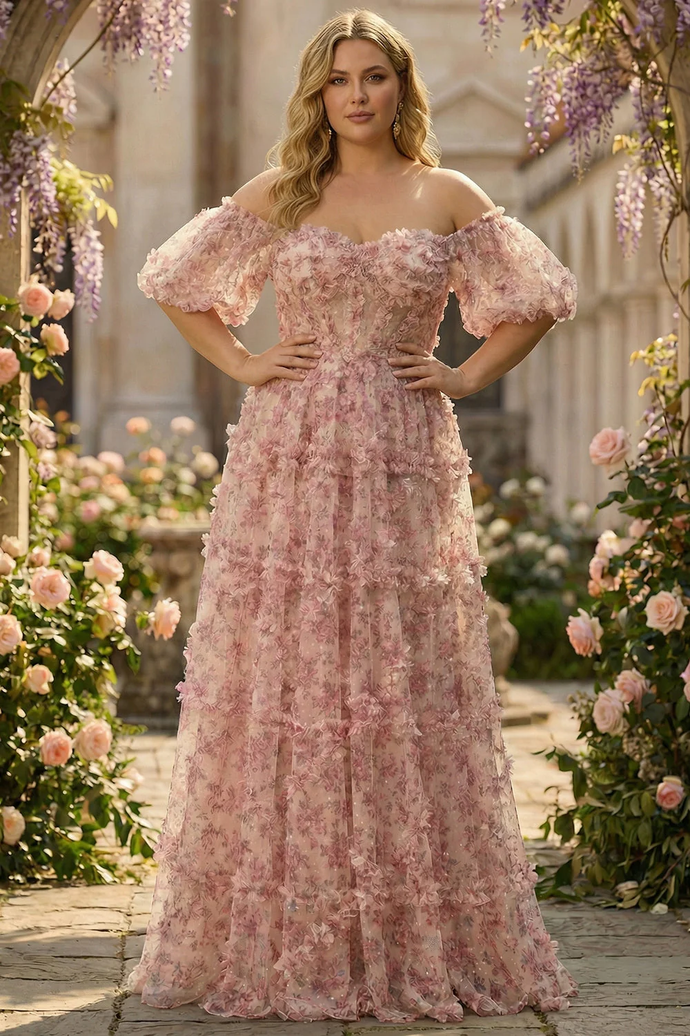Ivory Red Floral A-Line Sheer Boned Corset Off The Shoulder Long Plus Size Prom Dress