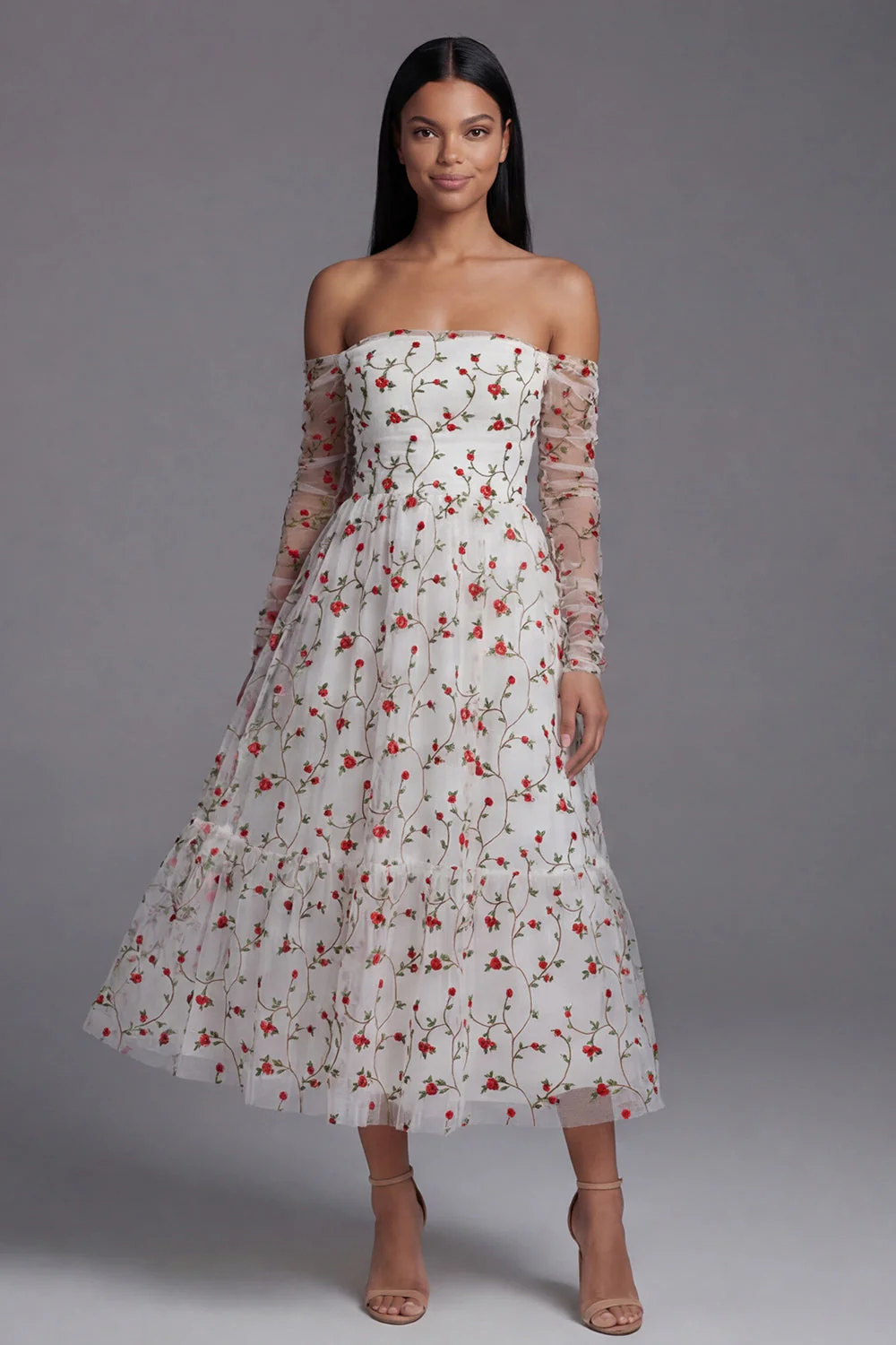 Ivory Red Flower A-Line Strapless Midi Floral Dress with Sheer Sleeves