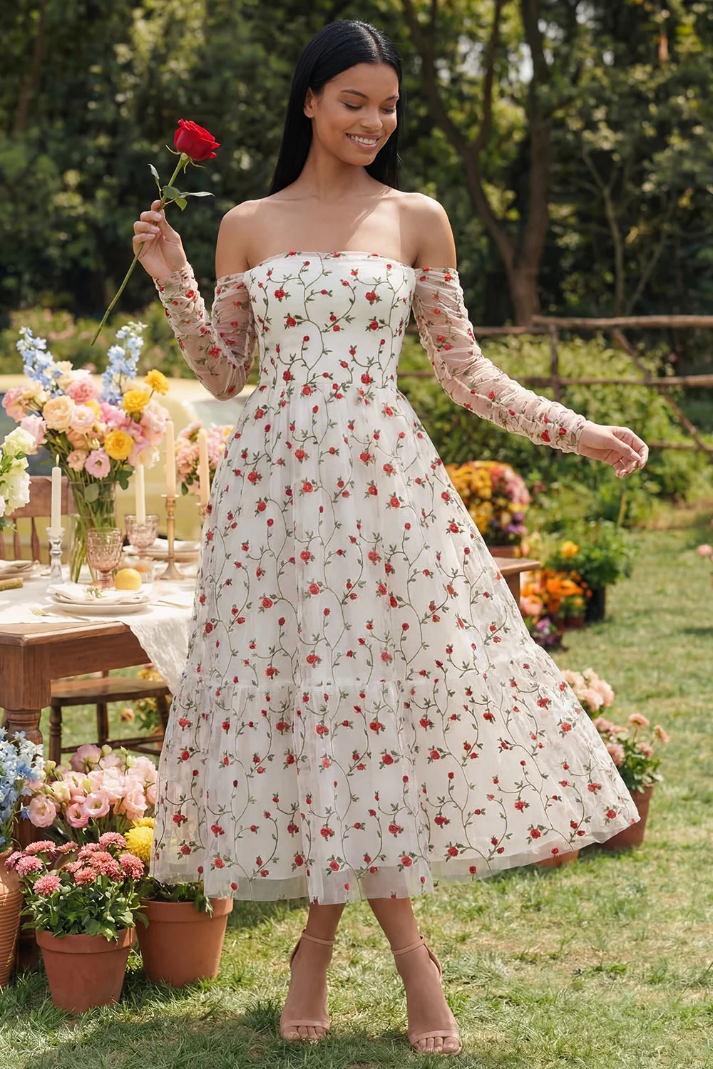 Ivory Red Flower A-Line Strapless Midi Floral Dress with Sheer Sleeves - Image 2