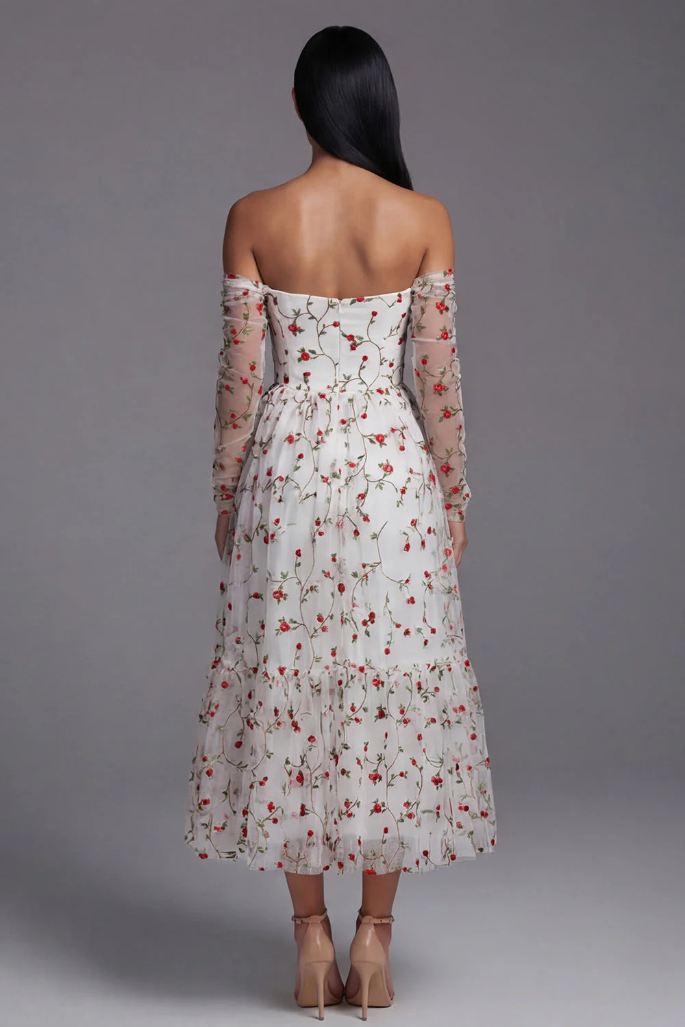 Ivory Red Flower A-Line Strapless Midi Floral Dress with Sheer Sleeves - Image 3