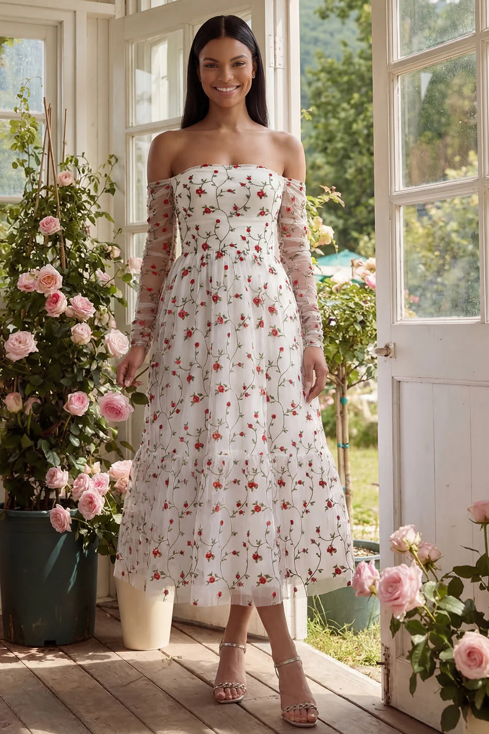 Ivory Red Flower A-Line Strapless Midi Floral Dress with Sheer Sleeves - Image 4