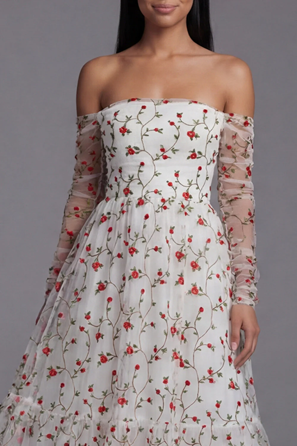 Ivory Red Flower A-Line Strapless Midi Floral Dress with Sheer Sleeves - Image 5