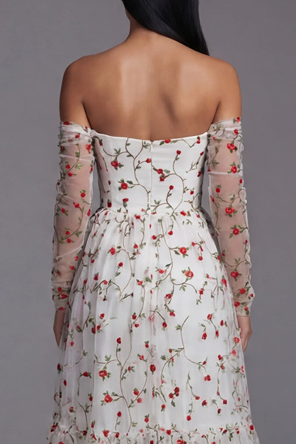 Ivory Red Flower A-Line Strapless Midi Floral Dress with Sheer Sleeves - Image 6