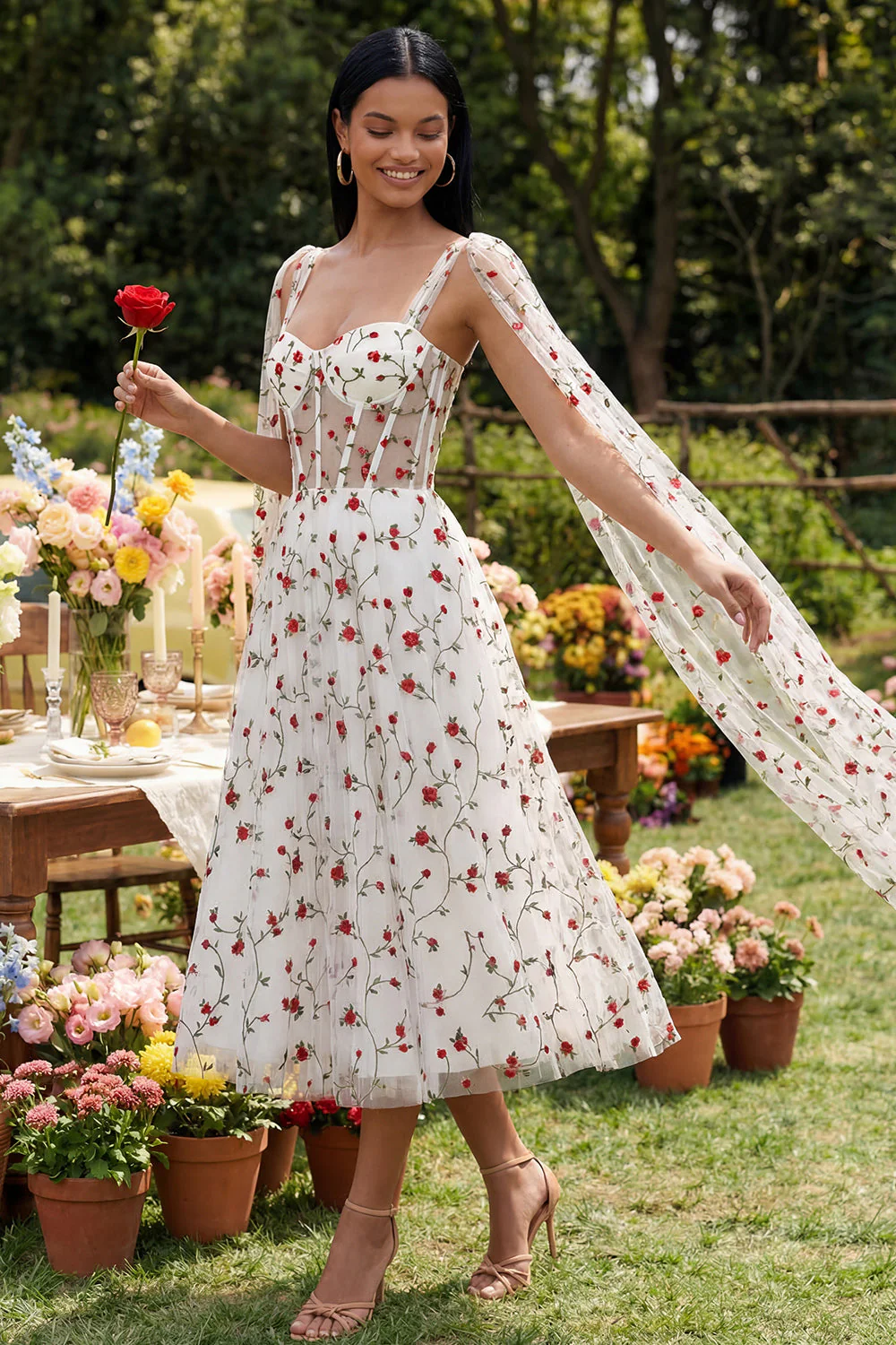 Ivory Red Flower Sheer Corset A-Line Midi Floral Dress - Image 2