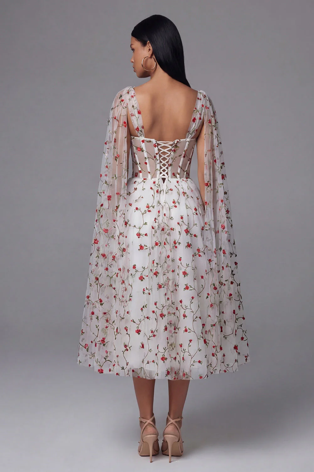 Ivory Red Flower Sheer Corset A-Line Midi Floral Dress - Image 3
