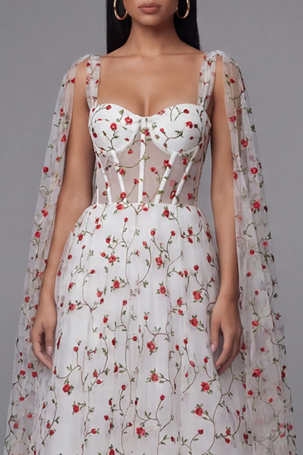 Ivory Red Flower Sheer Corset A-Line Midi Floral Dress - Image 4