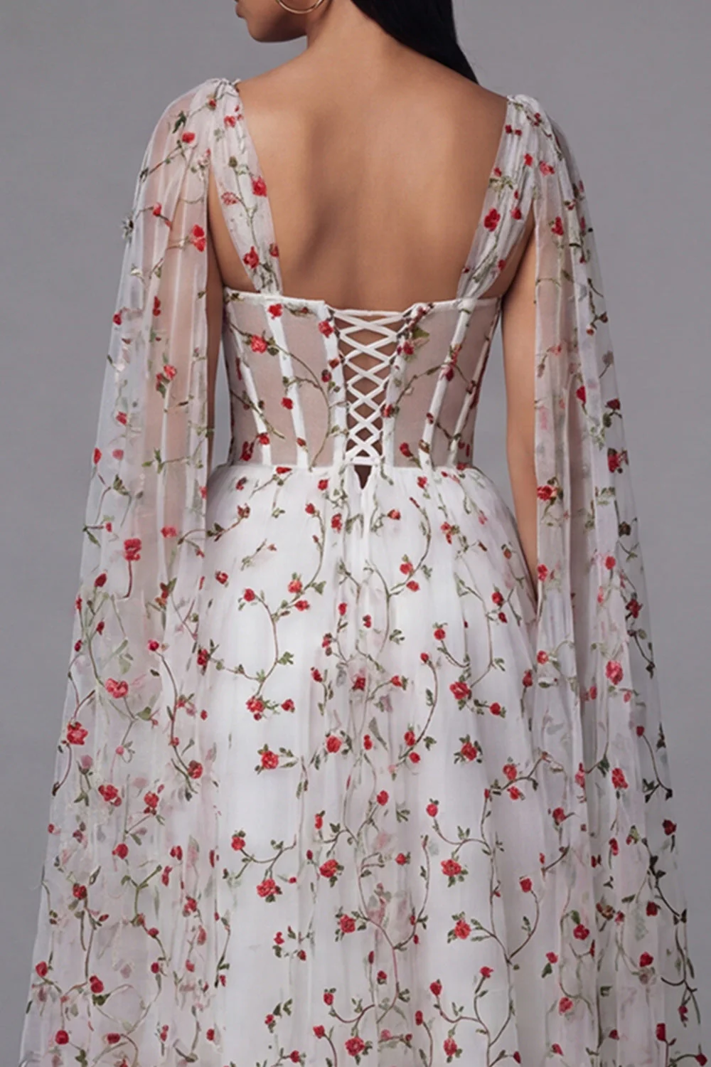 Ivory Red Flower Sheer Corset A-Line Midi Floral Dress - Image 5