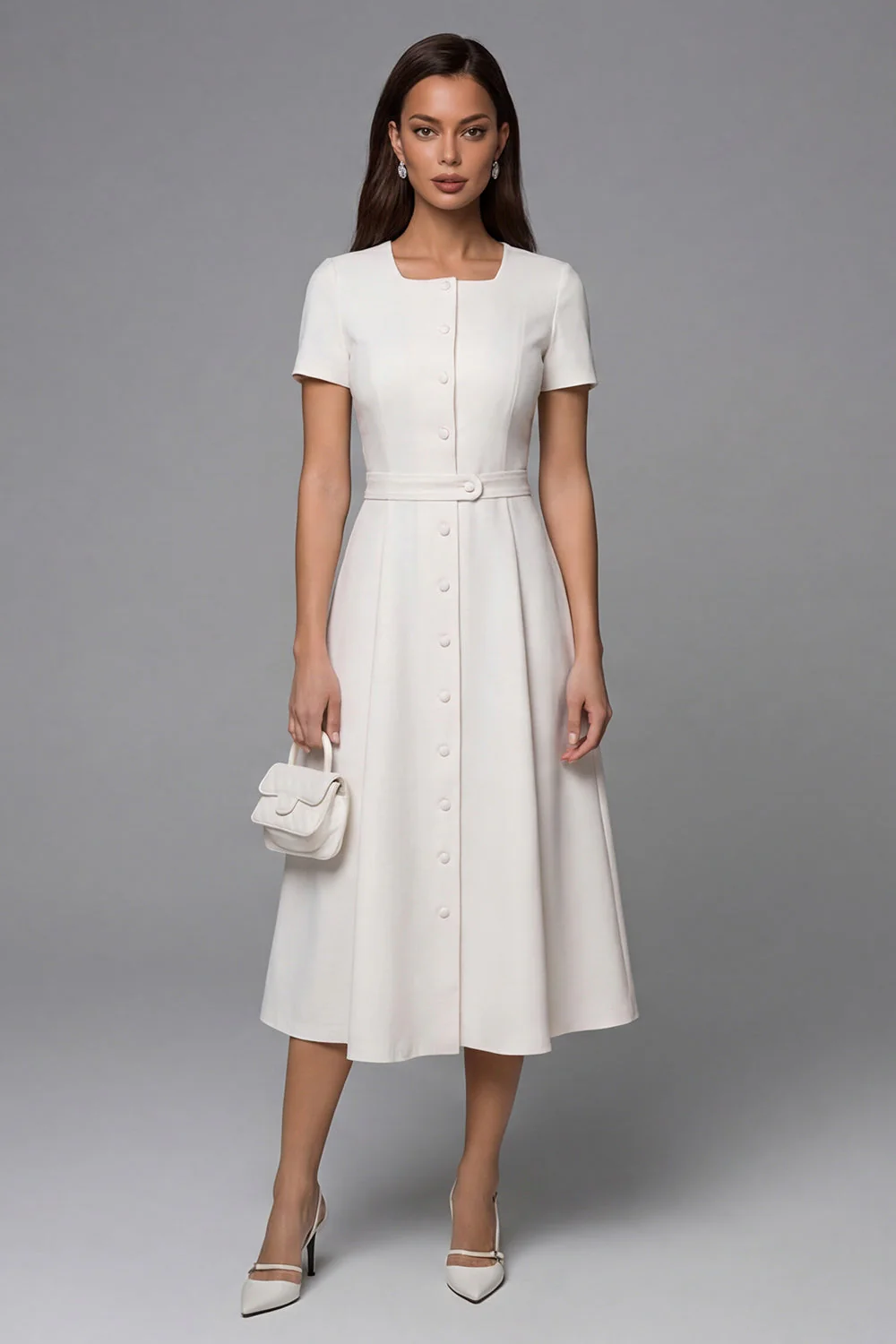 Ivory Short Sleeve A Line Midi Work Dress