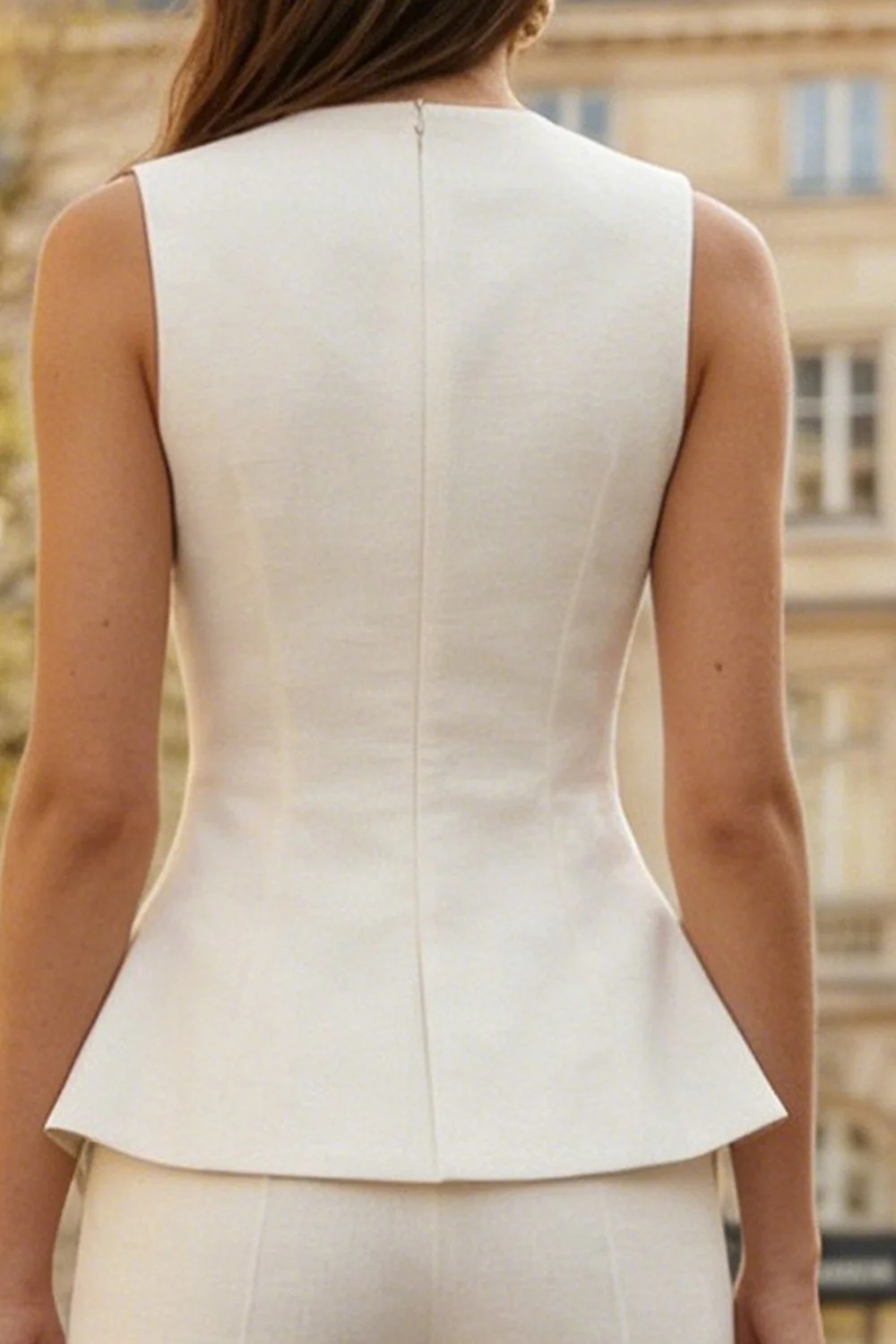 Ivory Single Breasted 2 Piece Round Neck Women's Work Suits - Image 4