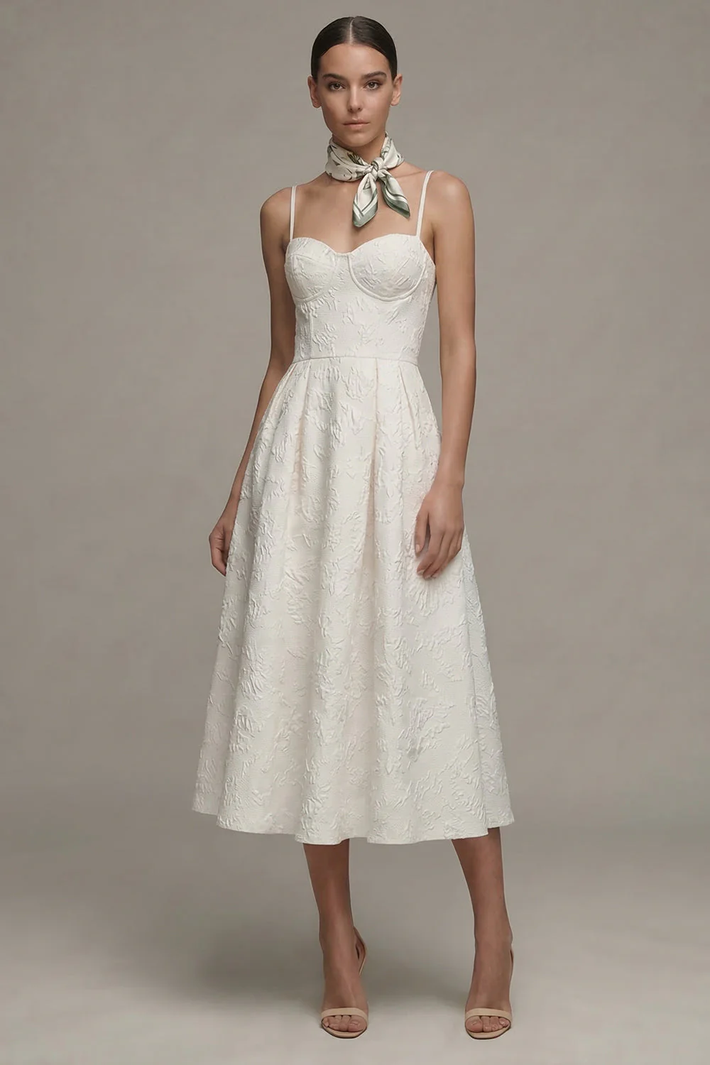 Ivory Spaghetti Straps A Line Jacquard Midi Engagement Dress