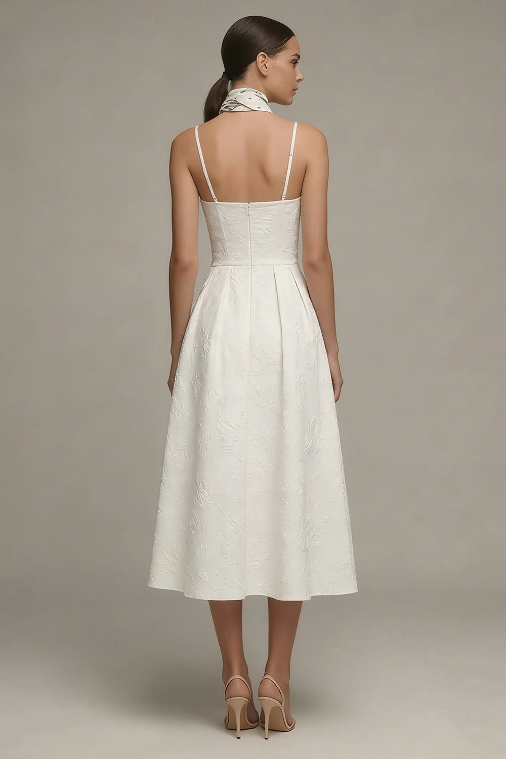 Ivory Spaghetti Straps A Line Jacquard Midi Engagement Dress - Image 2