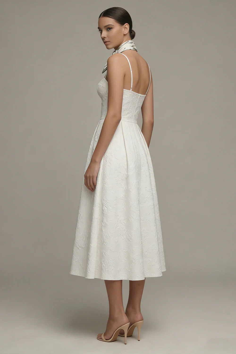 Ivory Spaghetti Straps A Line Jacquard Midi Engagement Dress - Image 3