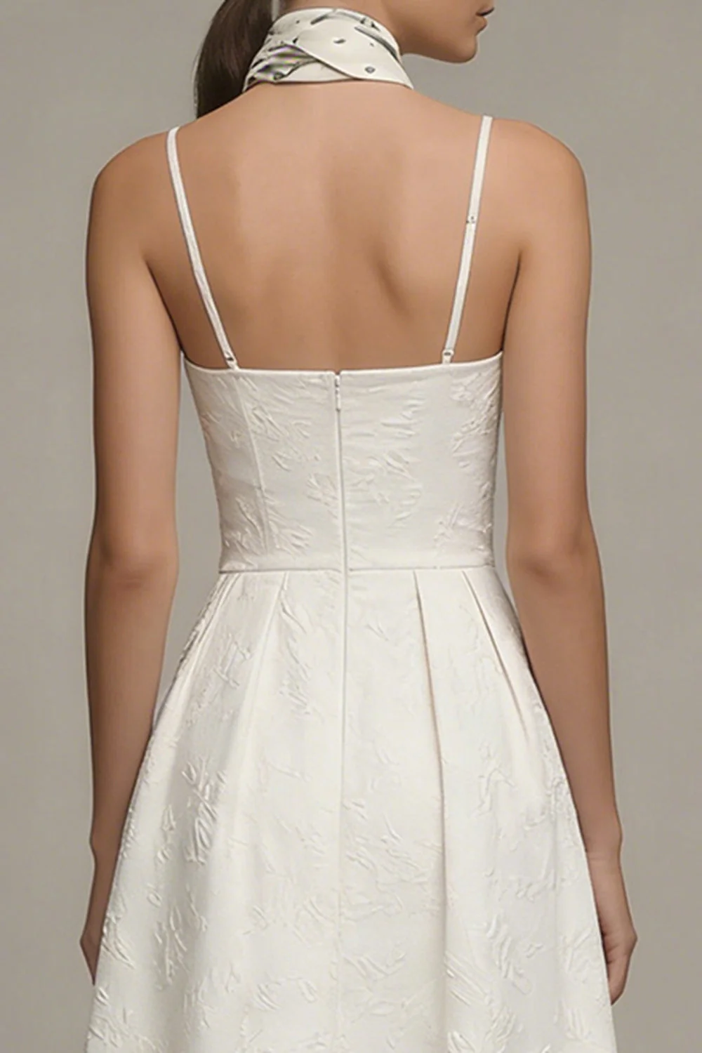 Ivory Spaghetti Straps A Line Jacquard Midi Engagement Dress - Image 5