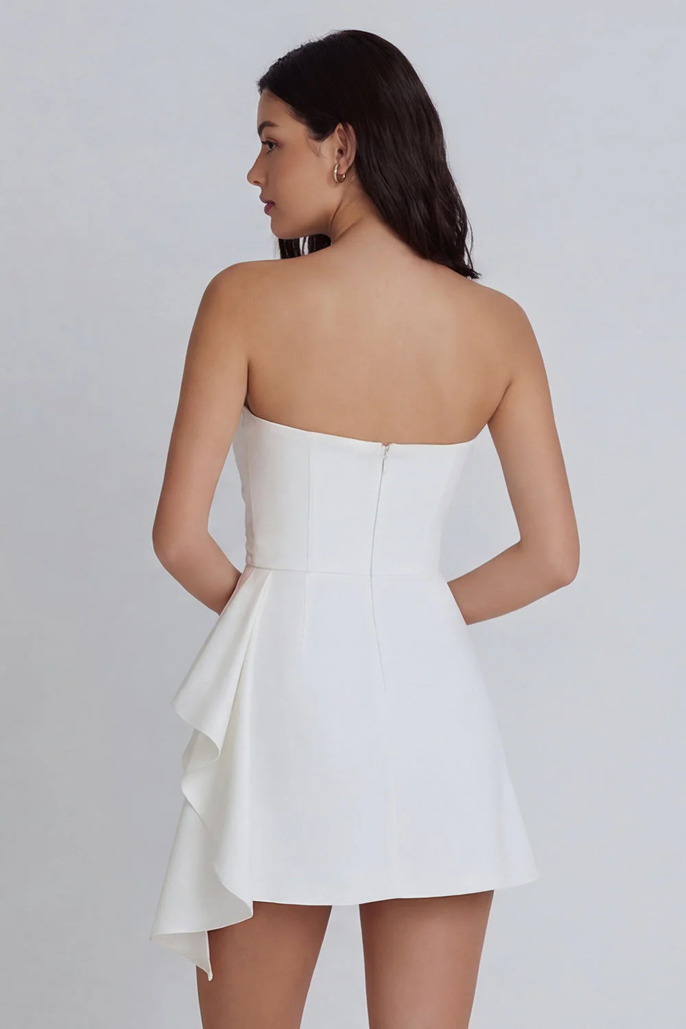 Ivory Strapless Bodycon Ruched Graduation Dress with Ruffles - Image 2