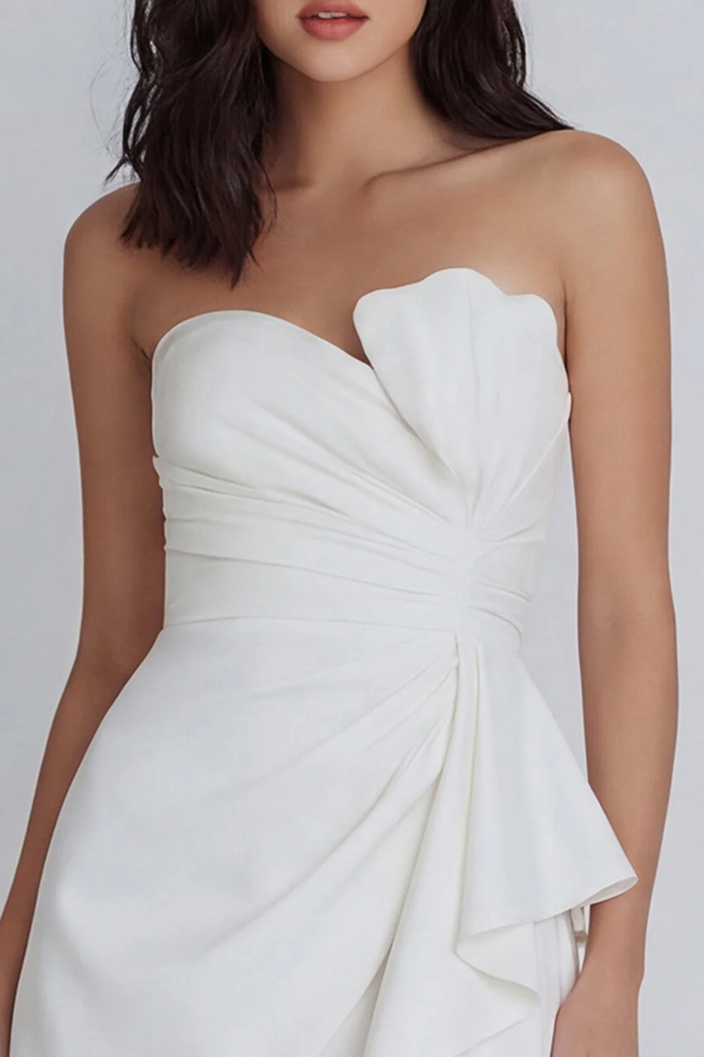 Ivory Strapless Bodycon Ruched Graduation Dress with Ruffles - Image 3