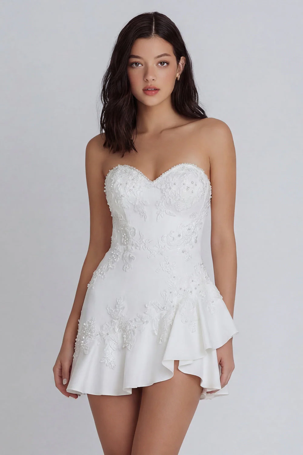 Ivory Sweetheart A-Line Appliqued Beaded Graduation Dress with Ruffles