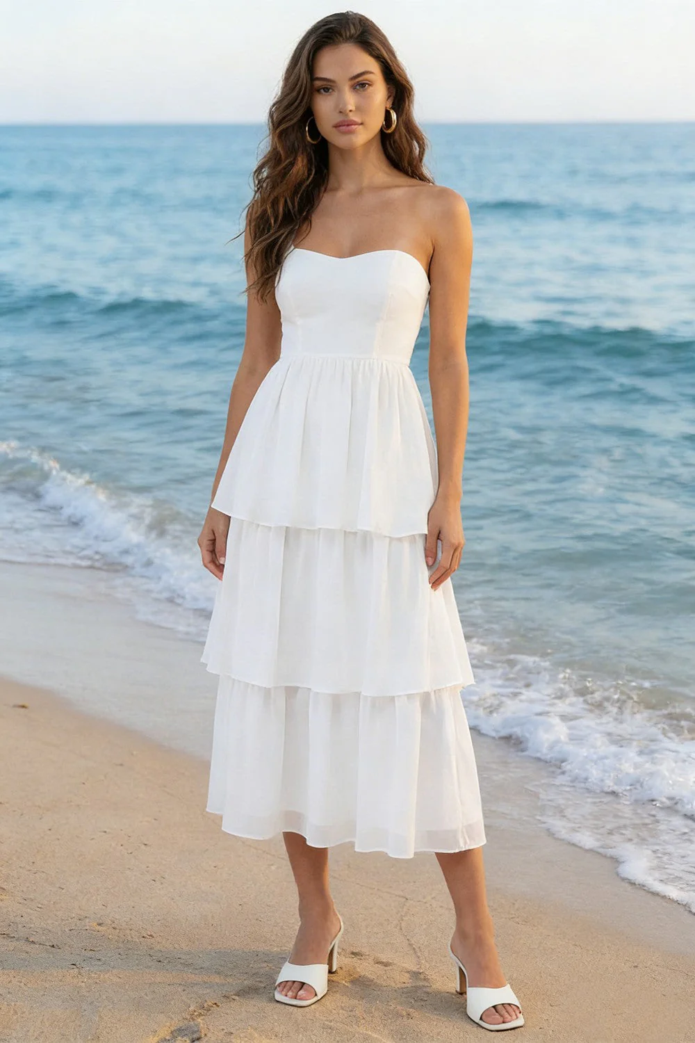 Ivory Tulle Sweetheart Tiered Midi White Dress