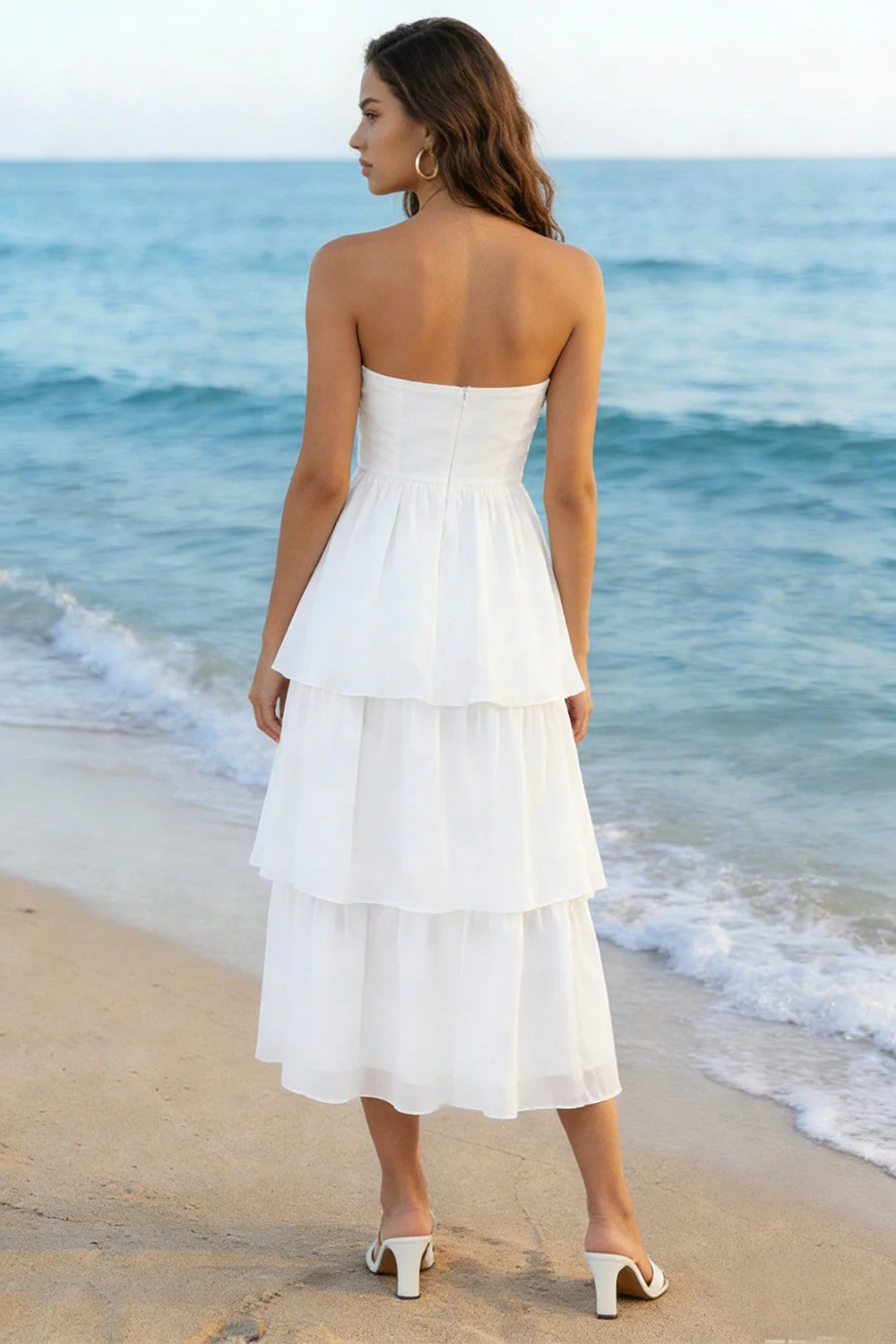 Ivory Tulle Sweetheart Tiered Midi White Dress - Image 2