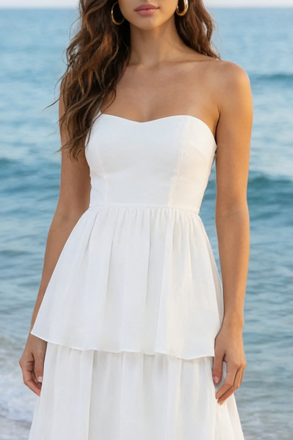 Ivory Tulle Sweetheart Tiered Midi White Dress - Image 3