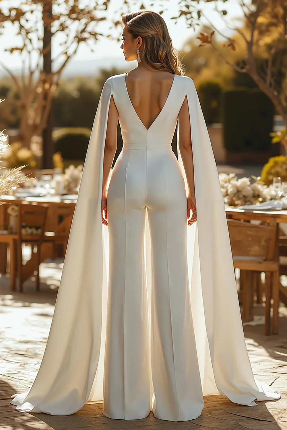 Ivory V Neck Cape Sleeve Wedding Jumpsuits - Image 2