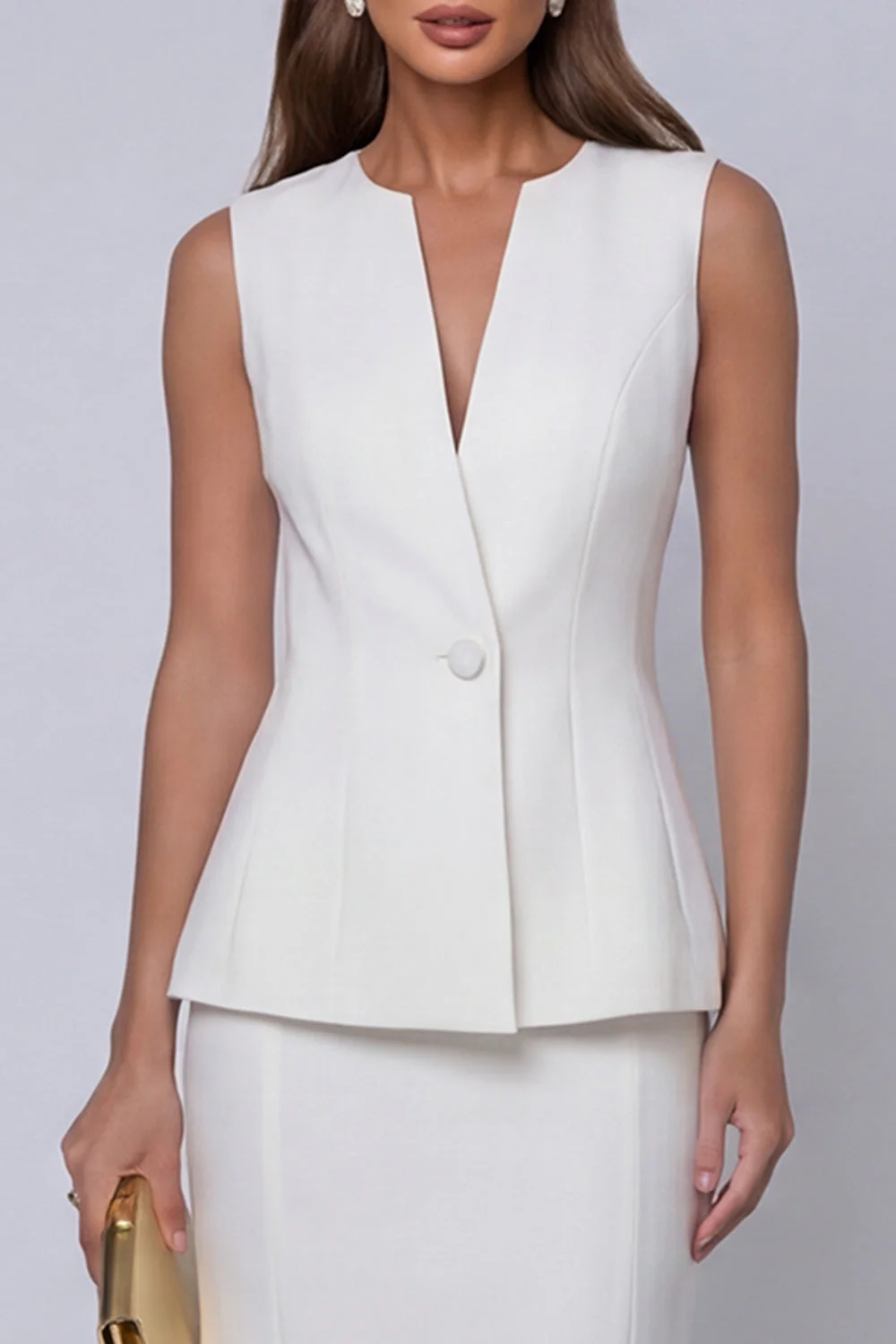 Ivory V-Neck One-Button 2-piece Sheath Work Suits - Image 3