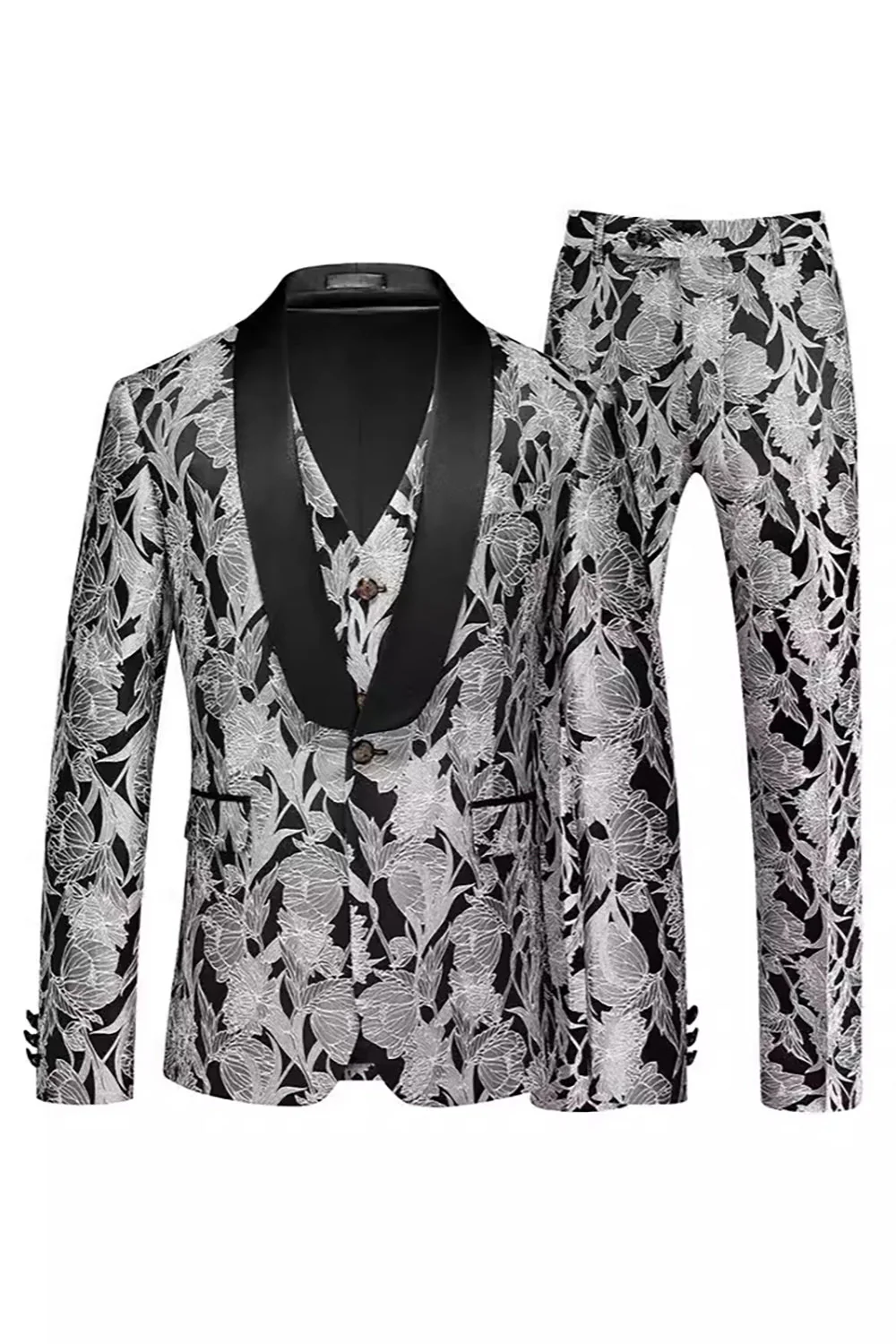 Jacquard Fuchsia 3 Pieces Shawl Lapel Men's Suits - Image 9