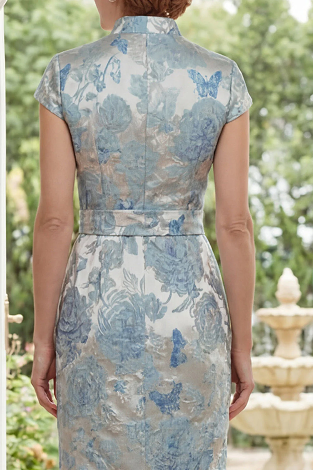 Jacquard Blue High Neck Sheath Long Mother Of the Bride Dress with Slit - Image 4